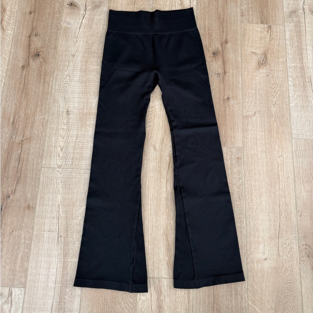 OQQ Ribbed Flare Leggings Black High Rise Yoga Pants XL